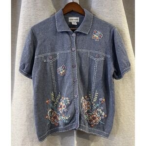 Alfred Dunner Floral Embroidered Blue Knit Cardigan Sweater‎ Grannycore